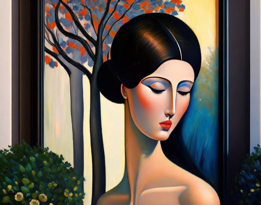 Stylized painting of woman with black headdress, blue eyeshadow, red lips, against