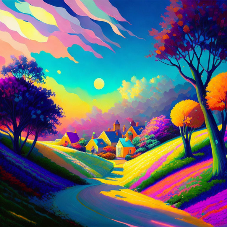 Colorful Landscape Painting of Small Village Amidst Rolling Hills