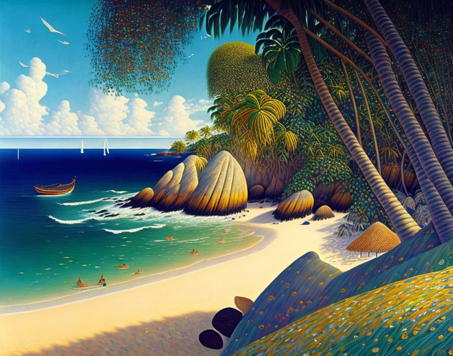 Vibrant Tropical Beach Painting with Boat and Sailboats