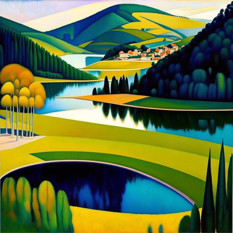 Vibrant landscape painting with rolling hills, water bodies, village, and bold trees