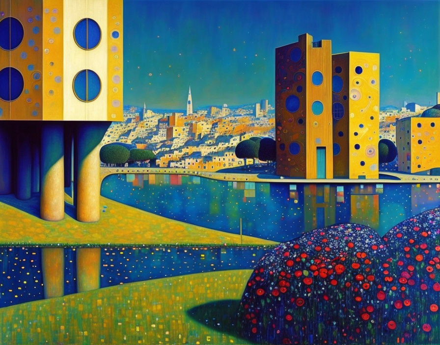 Surrealistic cityscape painting with starry sky and hills