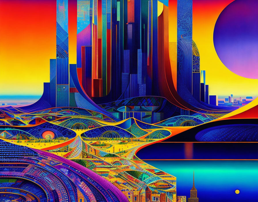 Colorful Psychedelic Cityscape with Abstract Skyscrapers and Moon