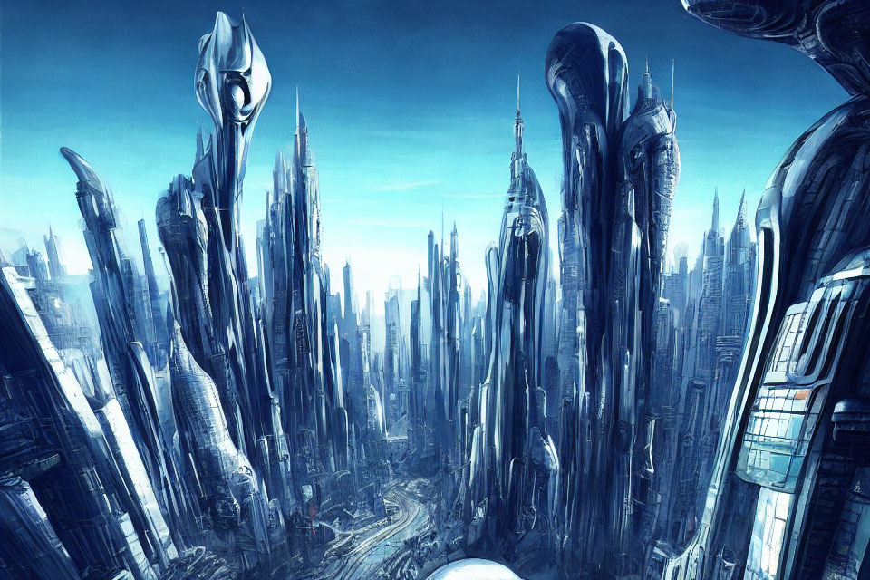 Futuristic city skyline with slender skyscrapers and a central spire