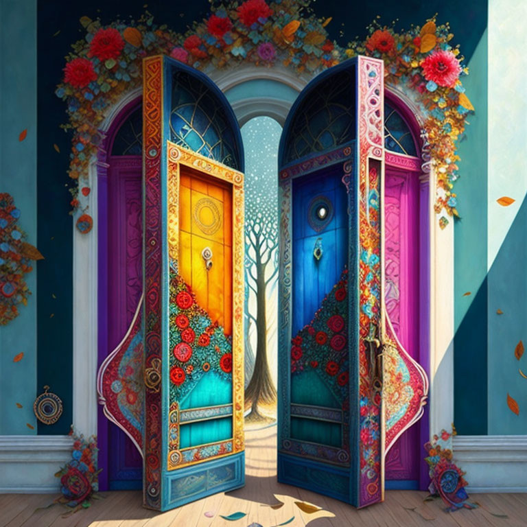Colorful painted doors open to illuminated rooms with floral surroundings
