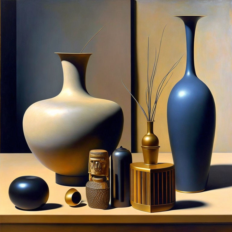 Colorful Still Life Painting with Vases on Two-Tone Background