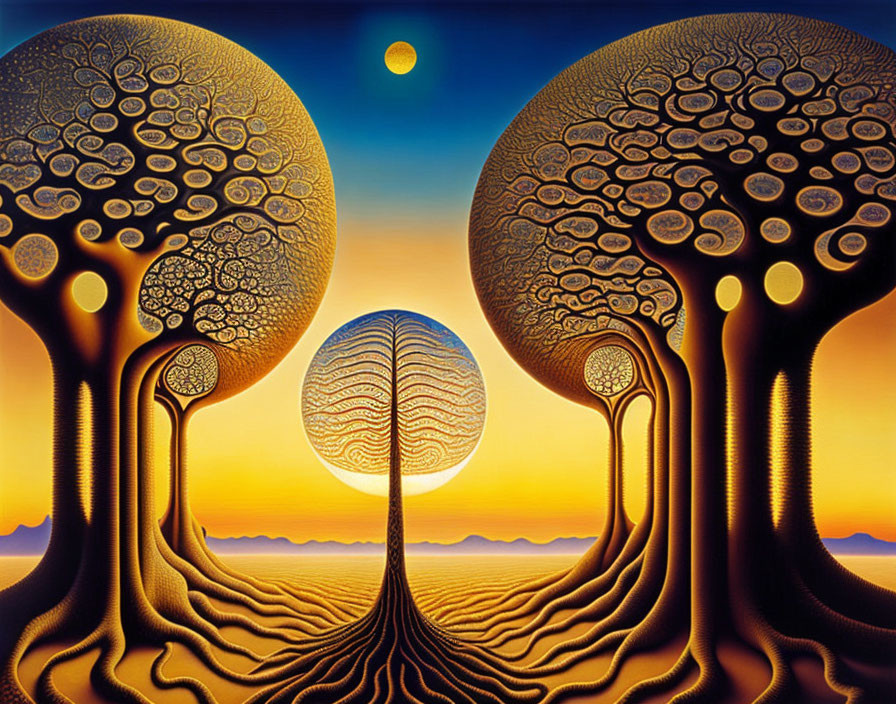 Symmetrical tree silhouettes in surreal sunset painting