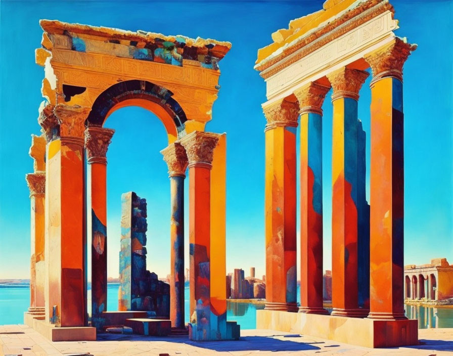 Ancient Roman ruins with towering columns and arches in deep blue sky