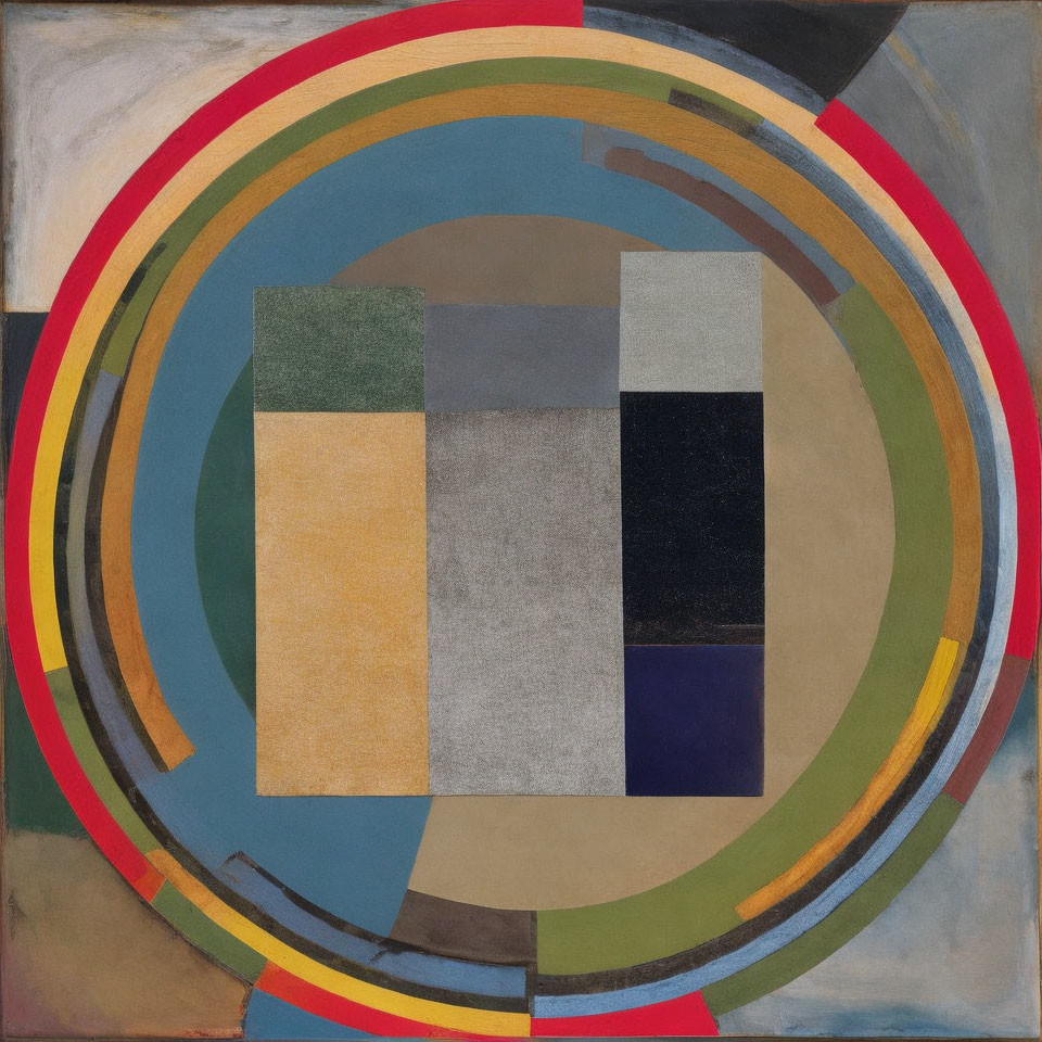 Geometric Painting: Concentric Circles & Checkered Squares in Muted Tones