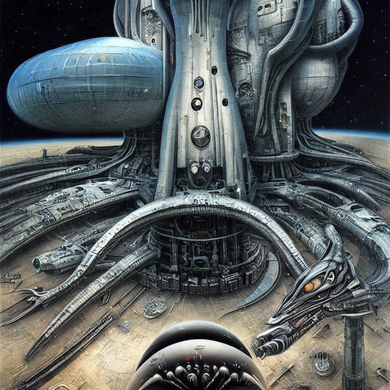 Detailed Sci-Fi Artwork of Futuristic Space Station & Spacecraft