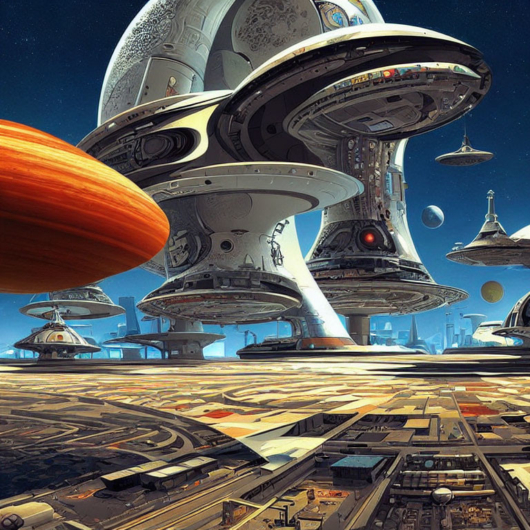 Futuristic cityscape with towering structures and spacecraft against an orange planet in the sky