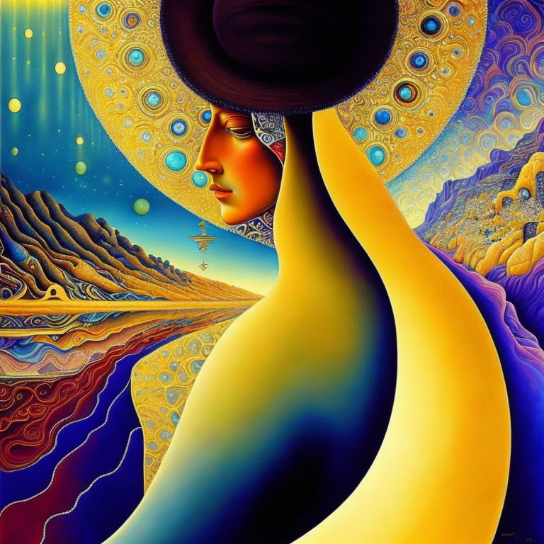 Surreal artwork: Woman with flowing silhouette in cosmic landscape