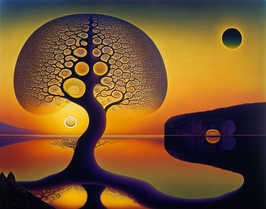 Surreal painting: Tree with circular patterns, orange twilight sky, reflections, celestial bodies