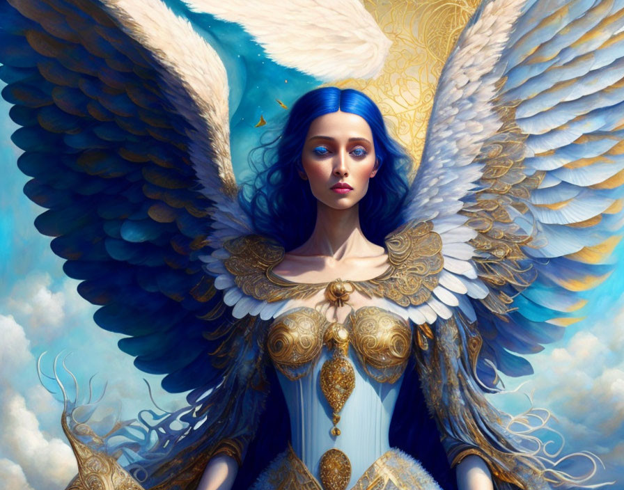 Surreal art: Winged woman with blue hair in ornate attire against whimsical sky