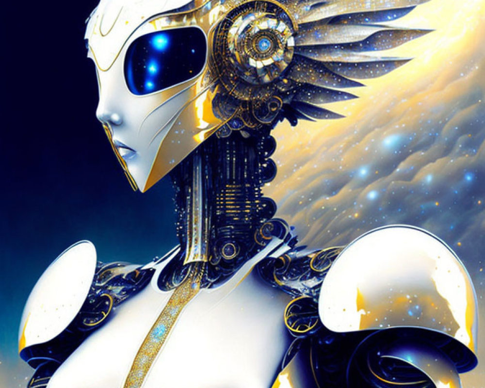 Detailed Futuristic Robot in Golden Armor on Starry Space Background