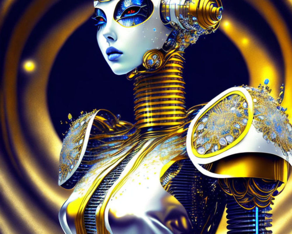 Female Futuristic Robot with Blue Eyes and Golden Mechanical Parts on Swirling Background