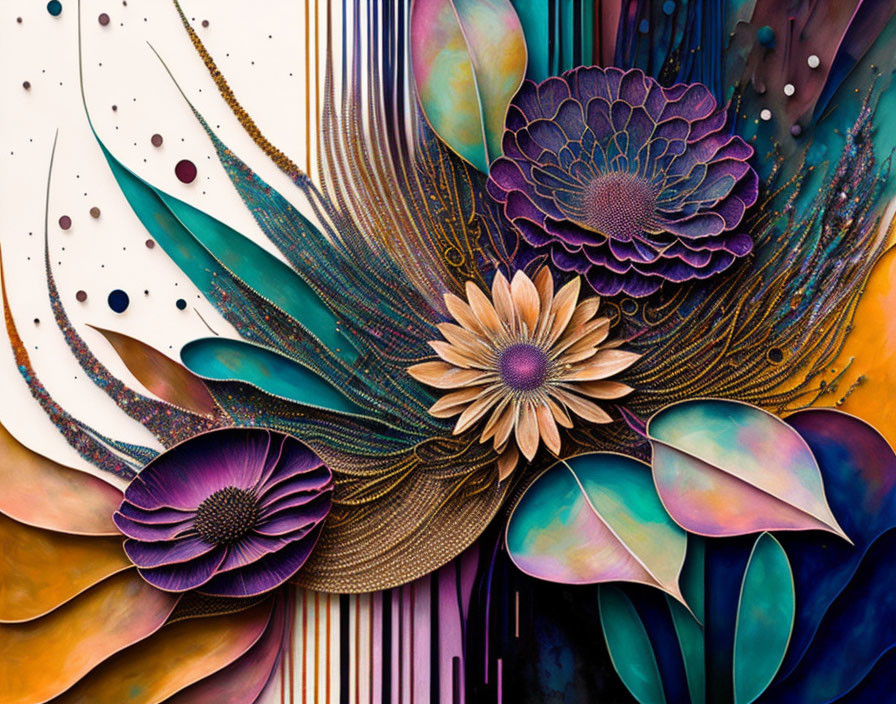 Colorful Abstract Floral Artwork with Detailed Stylized Elements