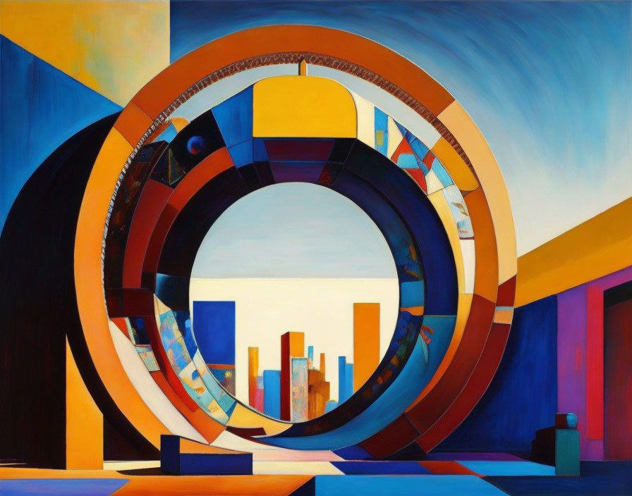 Vibrant Abstract Painting: Concentric Circles & Geometric Shapes on Vivid Background