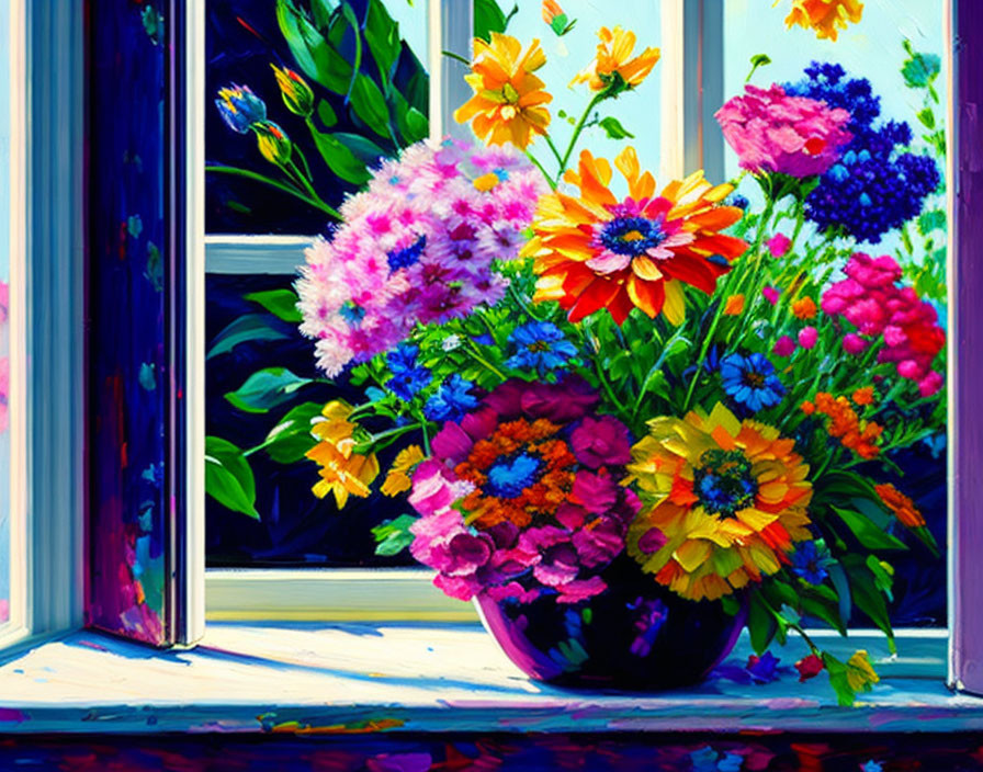 Colorful Flowers in Purple Vase on Blue Window Sill