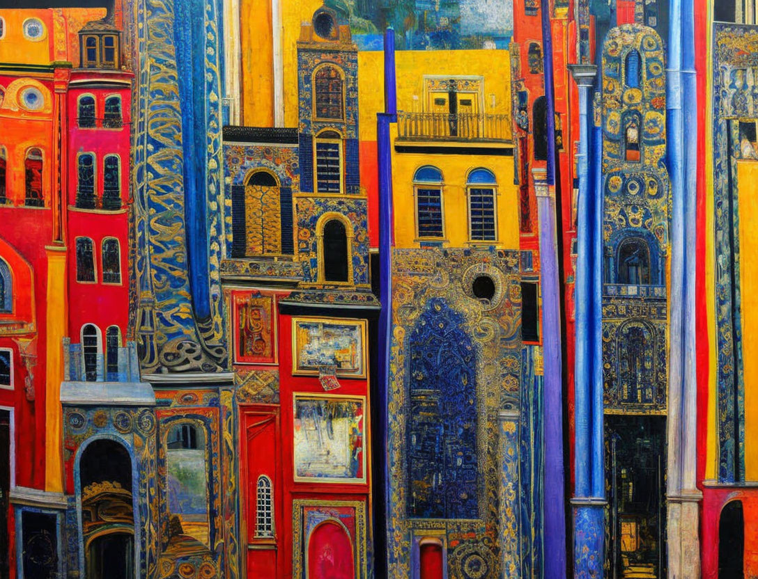 Colorful Abstract Painting of Cityscape Buildings in Red, Yellow, Blue