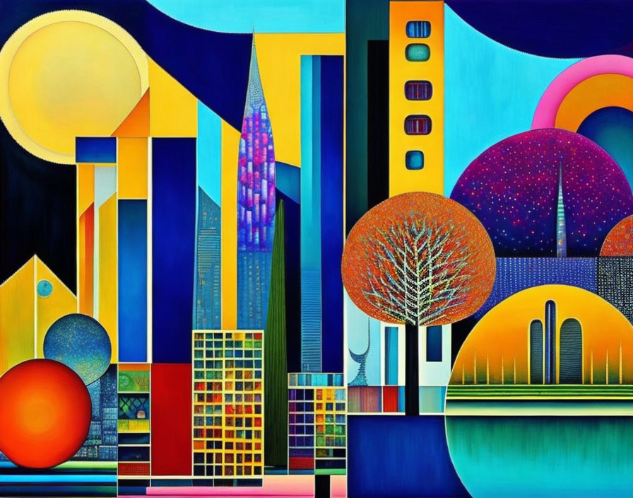 Colorful Abstract Cityscape with Geometric Shapes and Stylized Elements