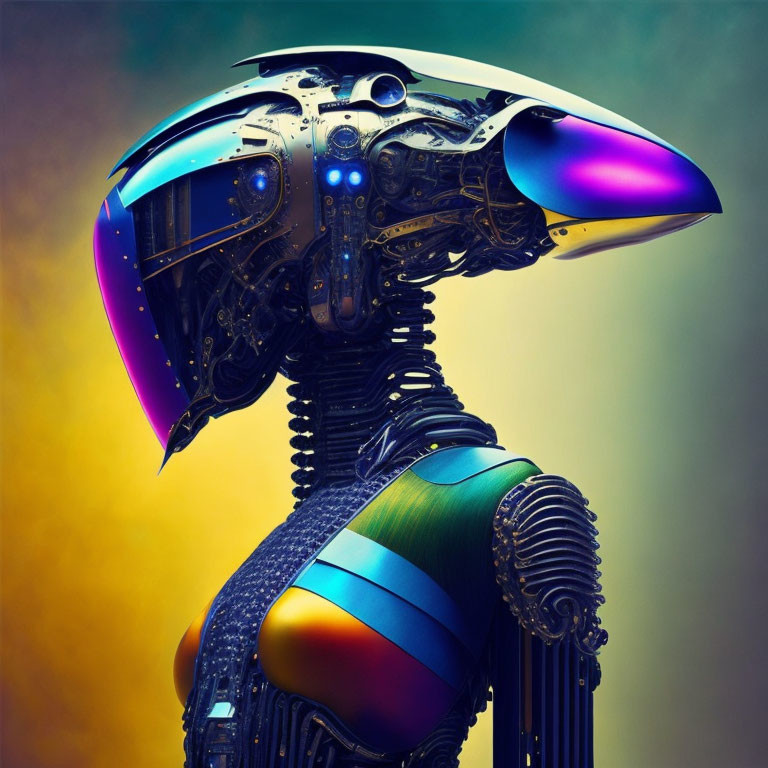 Vibrant metallic robotic bird on gradient backdrop