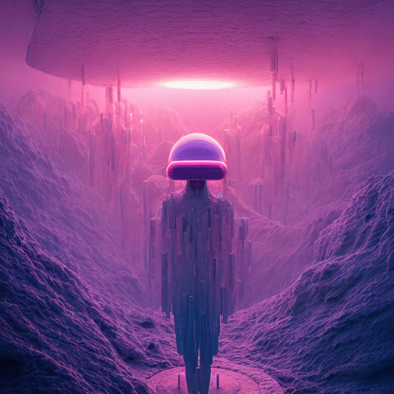Futuristic figure gazes at alien cityscape under purple sky