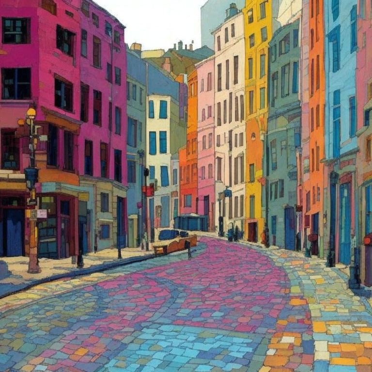 Colorful Cobblestone Street Painting with Pink, Yellow, and Blue Buildings