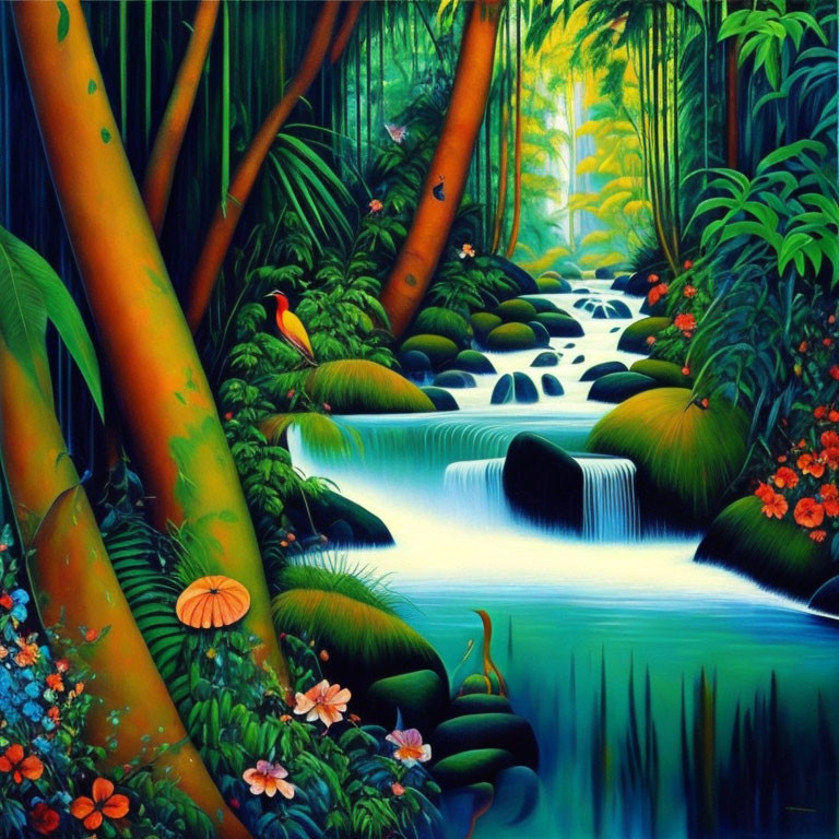Colorful Jungle Scene with Cascading Stream and Red Bird