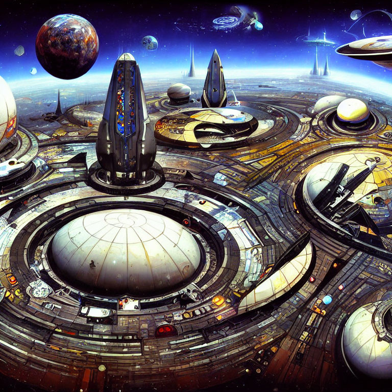 Futuristic spaceport with spacecraft, platforms, and celestial bodies in cosmic sky