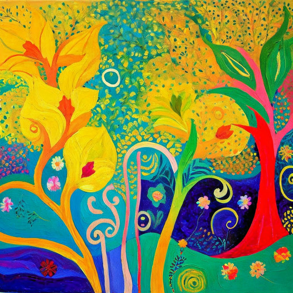 Abstract Tree and Flower Painting with Whimsical Designs on Dotted Yellow Background