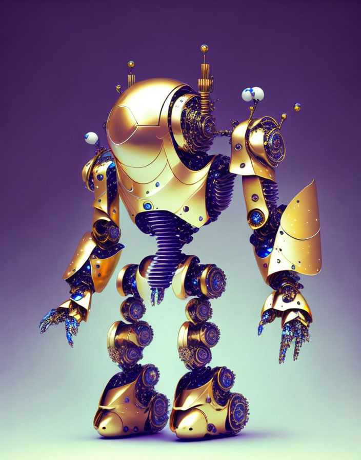 Golden mechanical robot with intricate gear designs on purple background