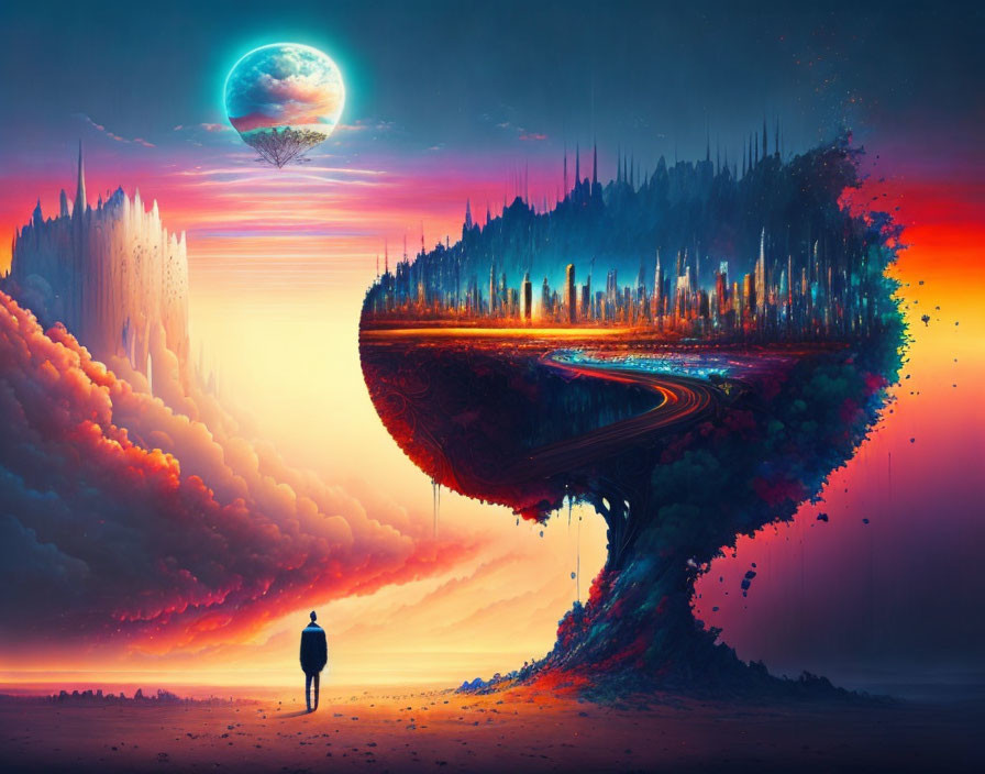 Person stands before floating island with roadway under vibrant skies