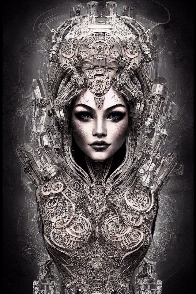 Monochromatic image of woman with intricate mechanical headgear and adornments