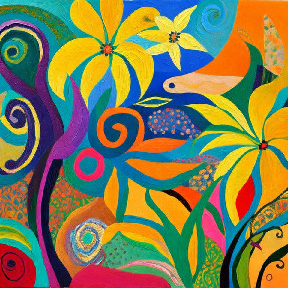 Colorful Abstract Painting with Yellow Flowers and Swirling Patterns