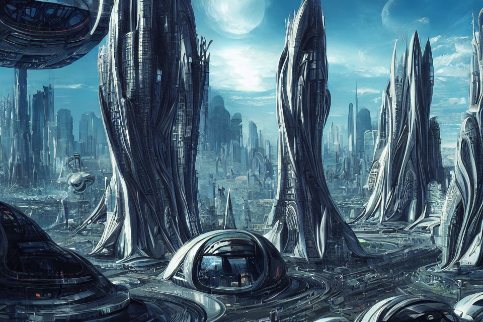 Futuristic cityscape with skyscrapers, flying vehicles, and celestial bodies
