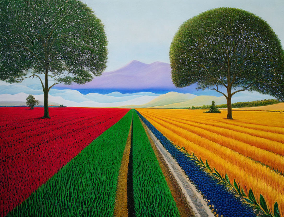 Symmetrical landscape painting: red, green, and gold fields, blue sky, trees, mountain