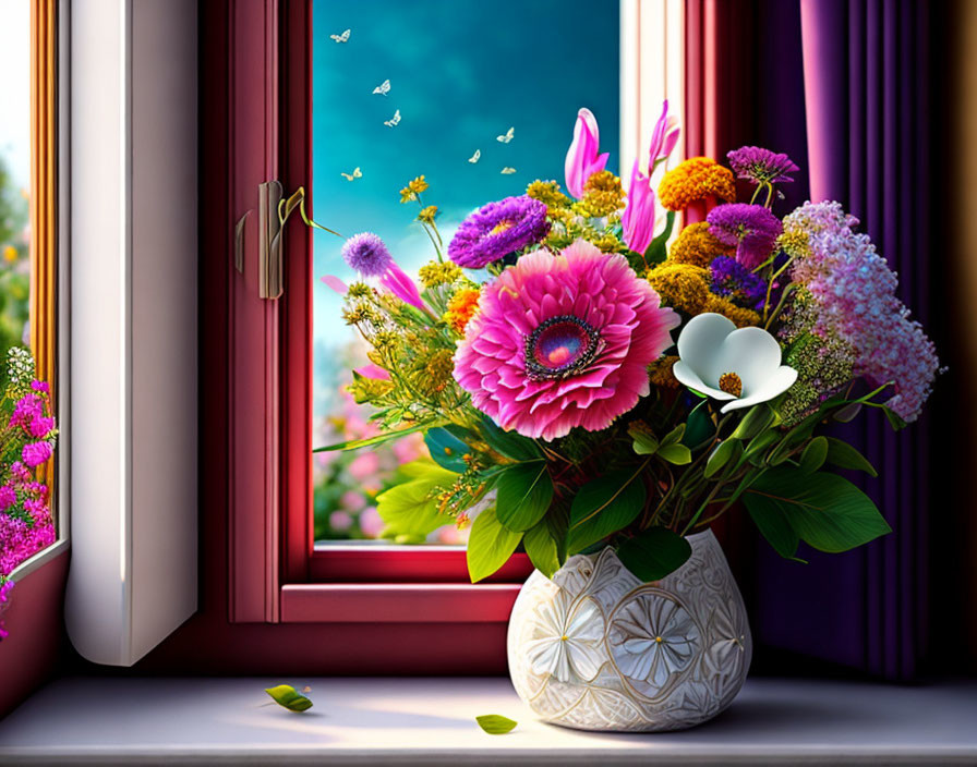 Colorful flower bouquet on windowsill with open window, blue sky, greenery, and butterflies
