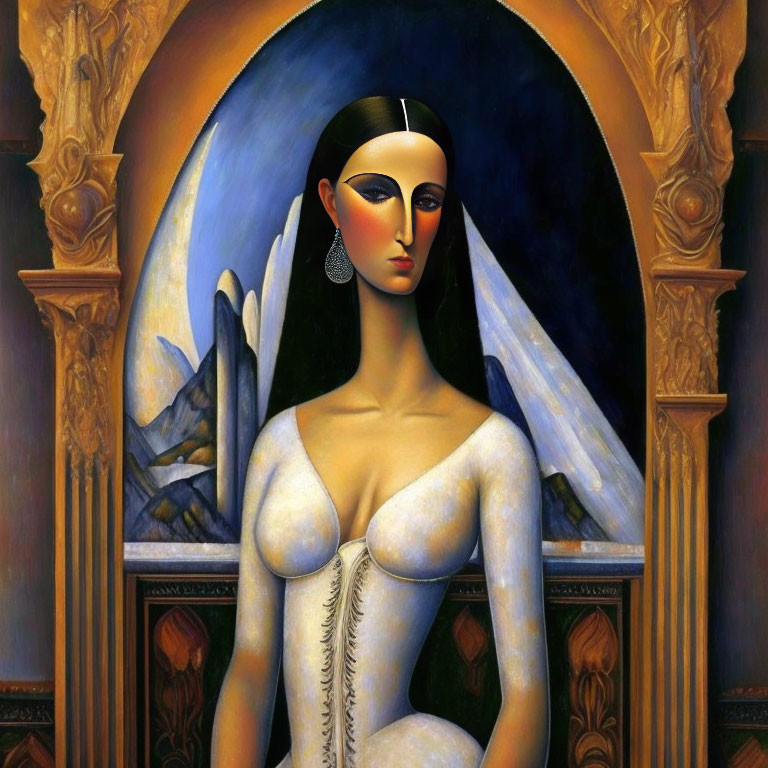 Stylized painting of woman in corset against ornate archway