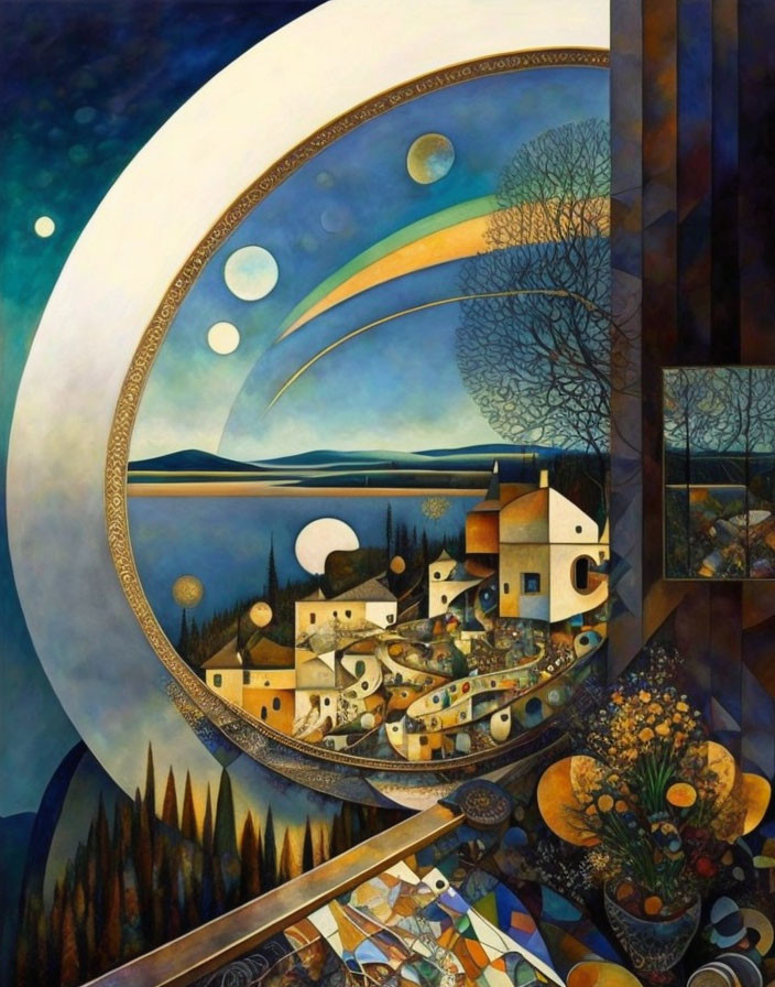 Geometric Crescent Moon Painting of Lakeside Village