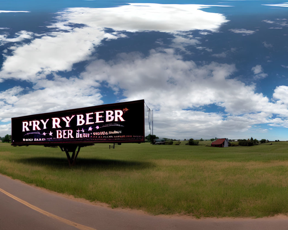 Rural Landscape Panorama with Beer Billboard and Cloudy Sky