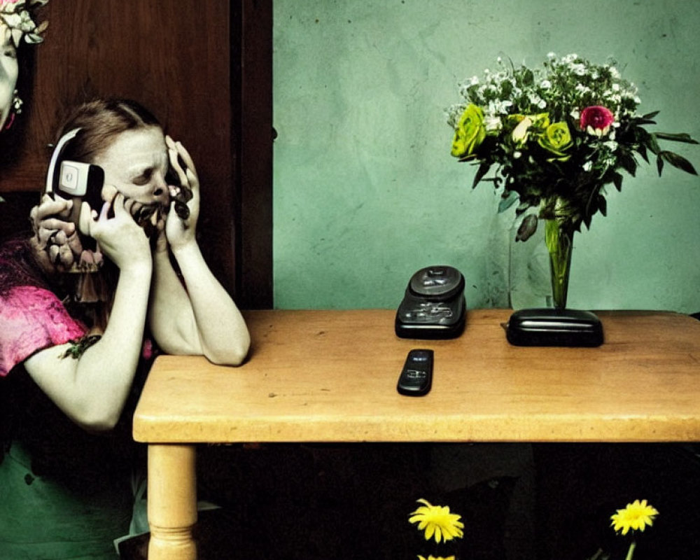 Person covering face with hands holding mobile at table with flowers and cordless phone