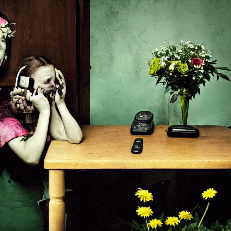 Person covering face with hands holding mobile at table with flowers and cordless phone