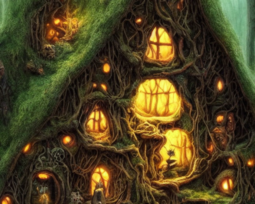 Glowing treehouse in mystical forest with twisted roots
