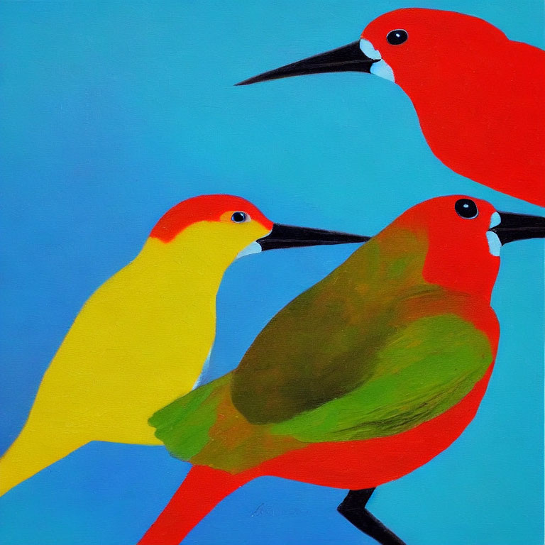 Vibrant stylized birds on blue background with colorful beaks