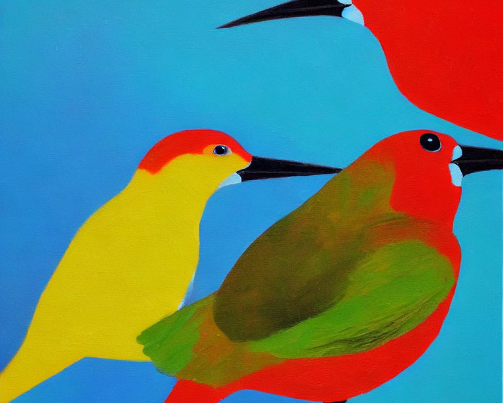 Vibrant stylized birds on blue background with colorful beaks