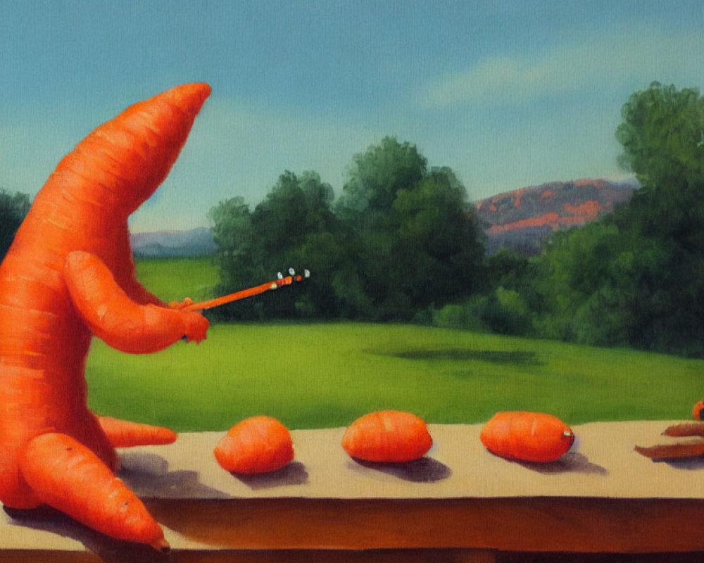 Anthropomorphic carrot playing instrument in rural landscape.