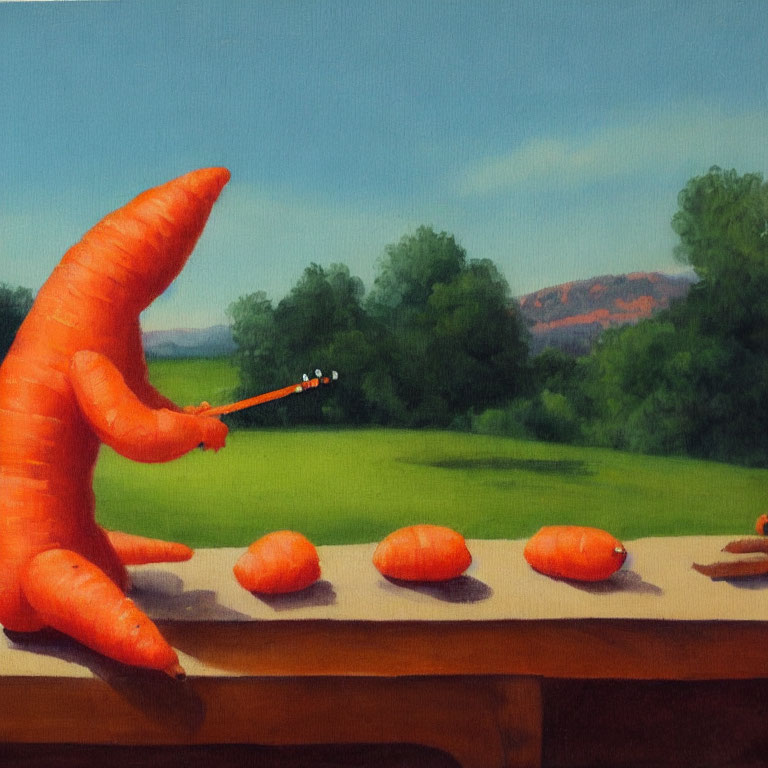 Anthropomorphic carrot playing instrument in rural landscape.
