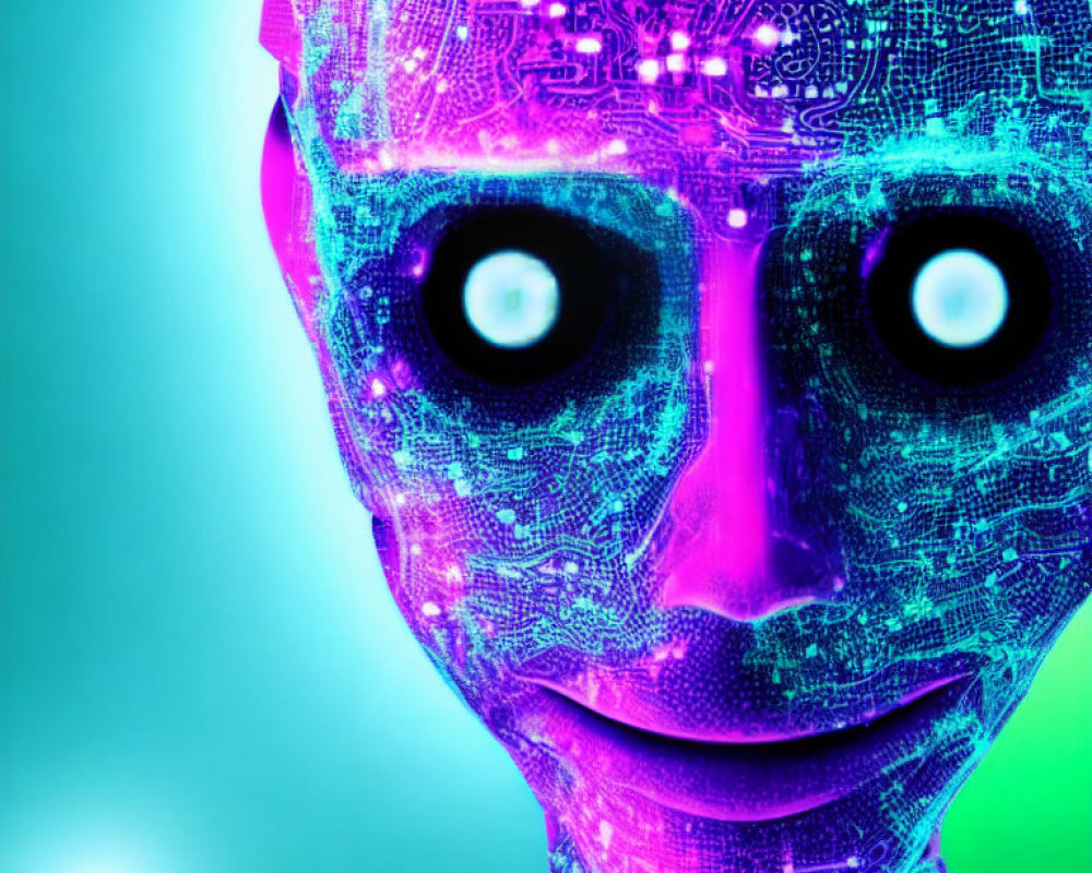 Neon-lit humanoid face with circuit patterns on teal background