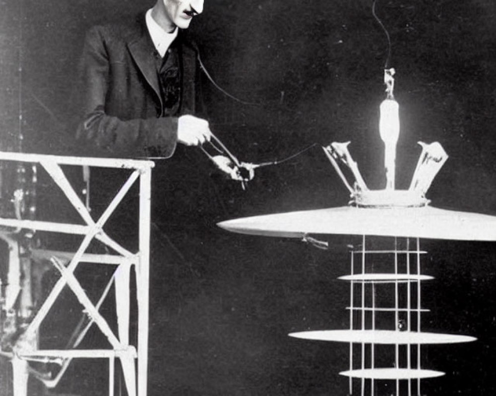 Vintage Black and White Photo of Man Conducting Electrical Experiment