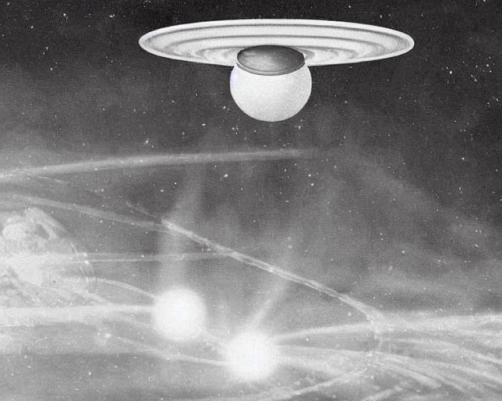 Vintage Black and White UFO Illustration with Saturn-like Rings and Celestial Landscape